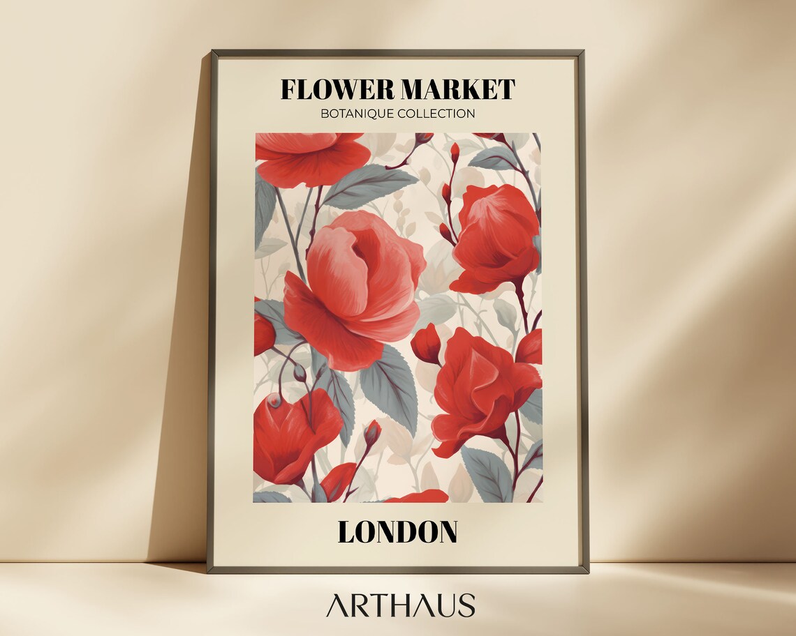 Flower Market London Print Red Floral Print Flower Market Prints Trendy Wall Art Botanical Wall Art Flower Poster Art