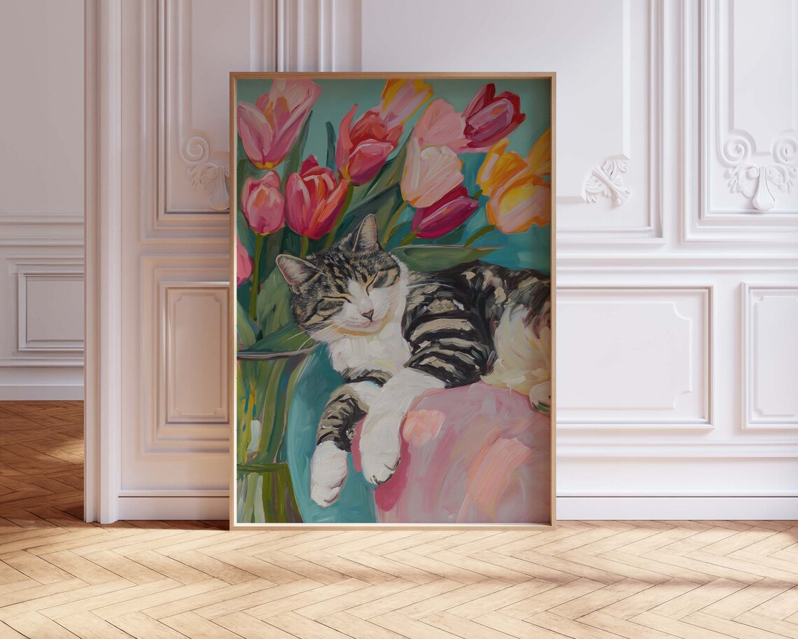Sleeping Cat Print Girly Pink Aesthetic Trendy Dopamine Wall Art Maximalist Decor Matisse Inspired - Image 3