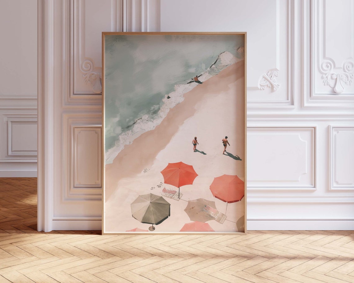 Aerial Summer Beach with Red Umbrellas Soft Pastel Coastal Print - Image 3