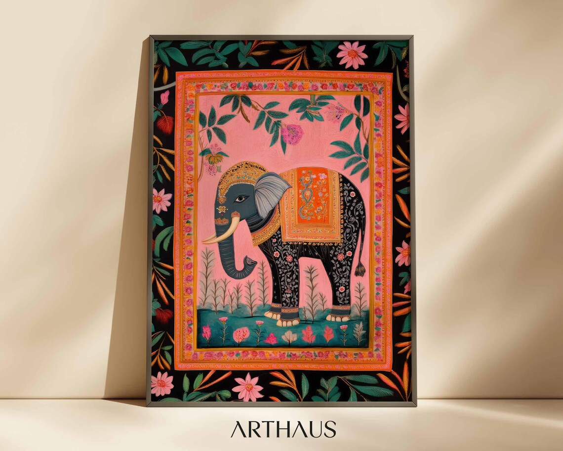 Ornamental Indian Elephant Pink Floral Frame Folk Art Poster