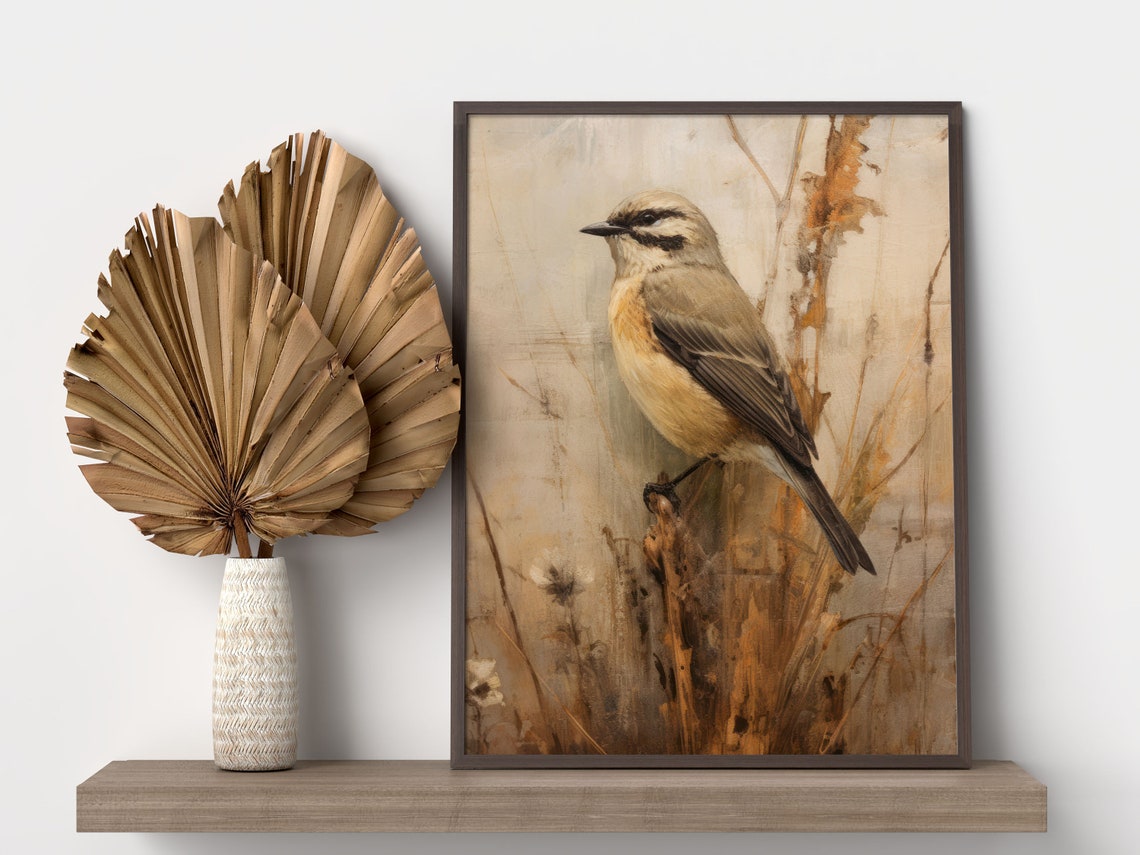 Small Vintage Songbird Perched On Dried Grasses Painting Poster - Image 2