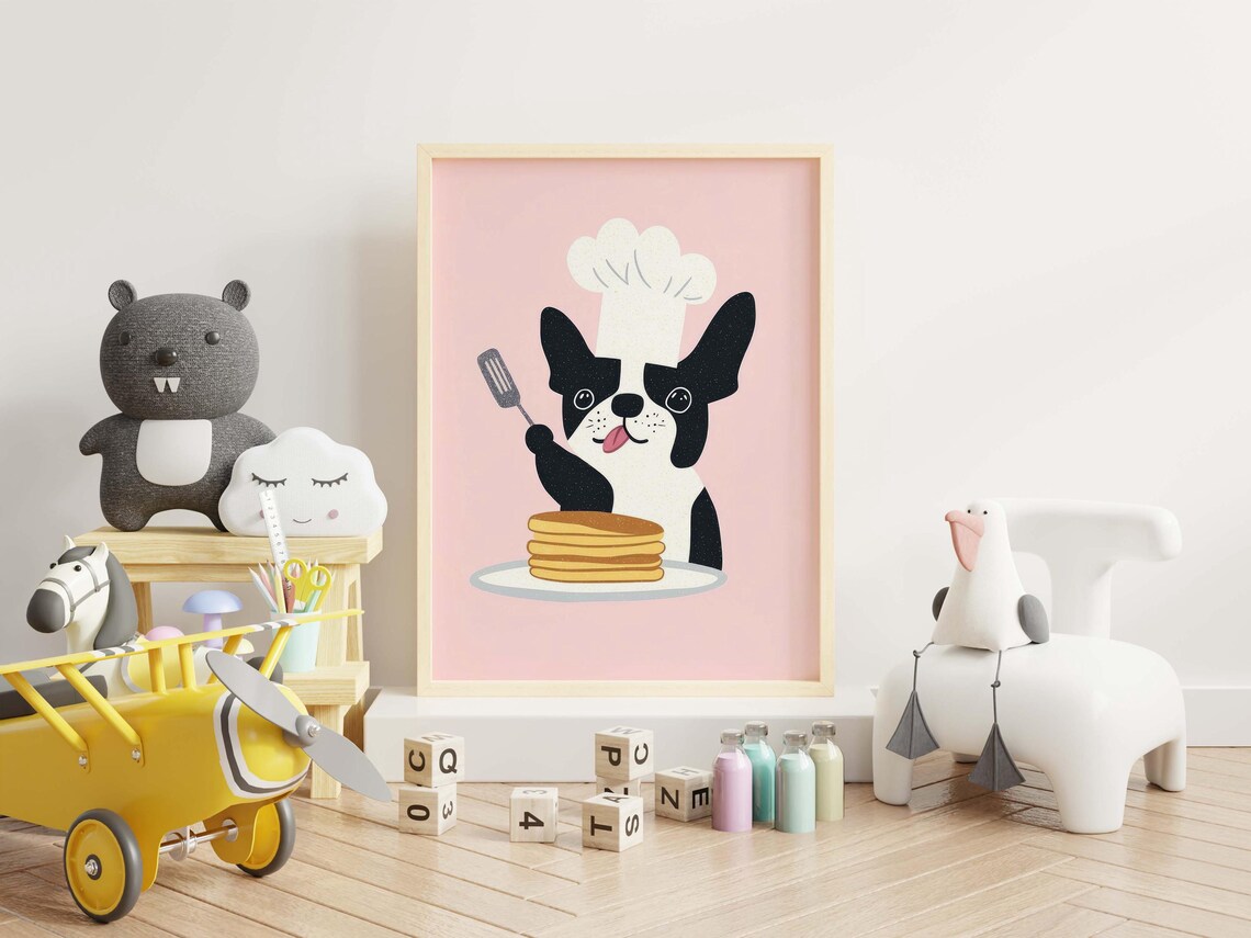 Nursery French Bulldog Chef Wall Art of Cute Puppy with Pancakes - Image 3