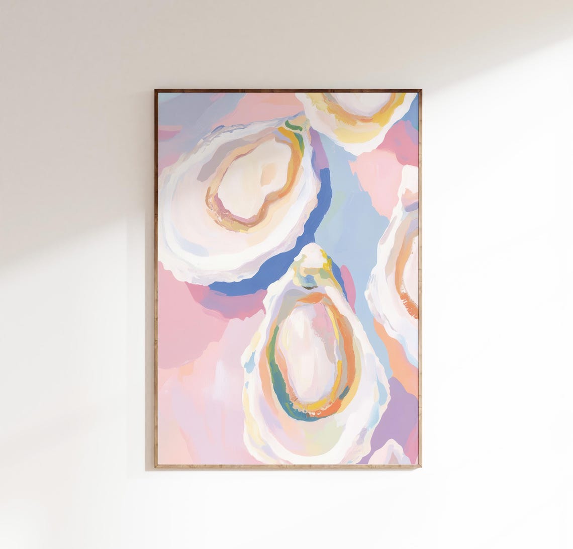 Pastel Oyster Shells Coastal Beach Kitchen Watercolor Wall Art