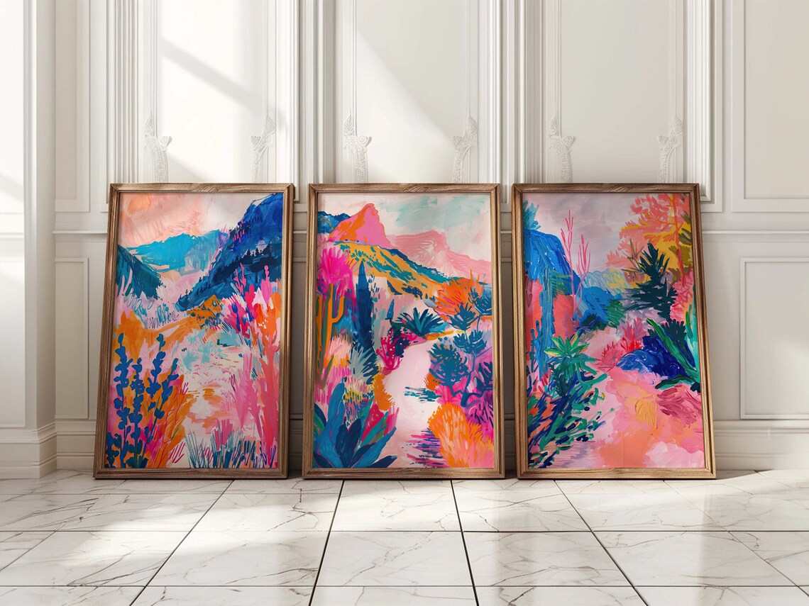 Set of Three Colorful Abstract Mountain Landscape Paintings Wall Art - Image 3