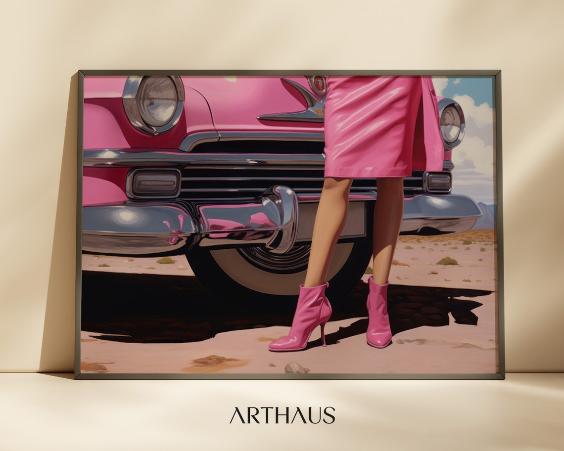 Pink Vintage Car With Pink Boots On A Desert Road Art Print Decor