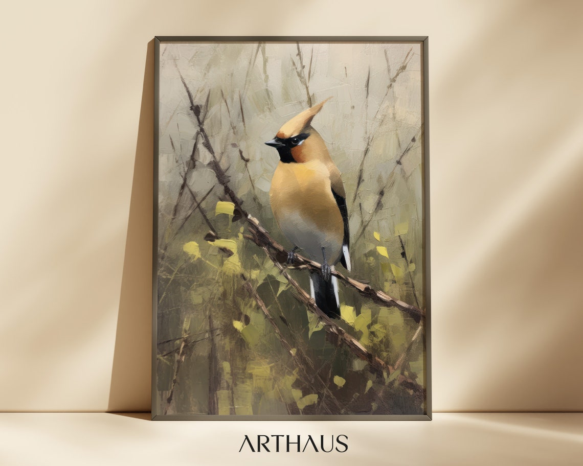 Cedar Waxwing Bird Perched on Branch Vintage Oil Painting Poster