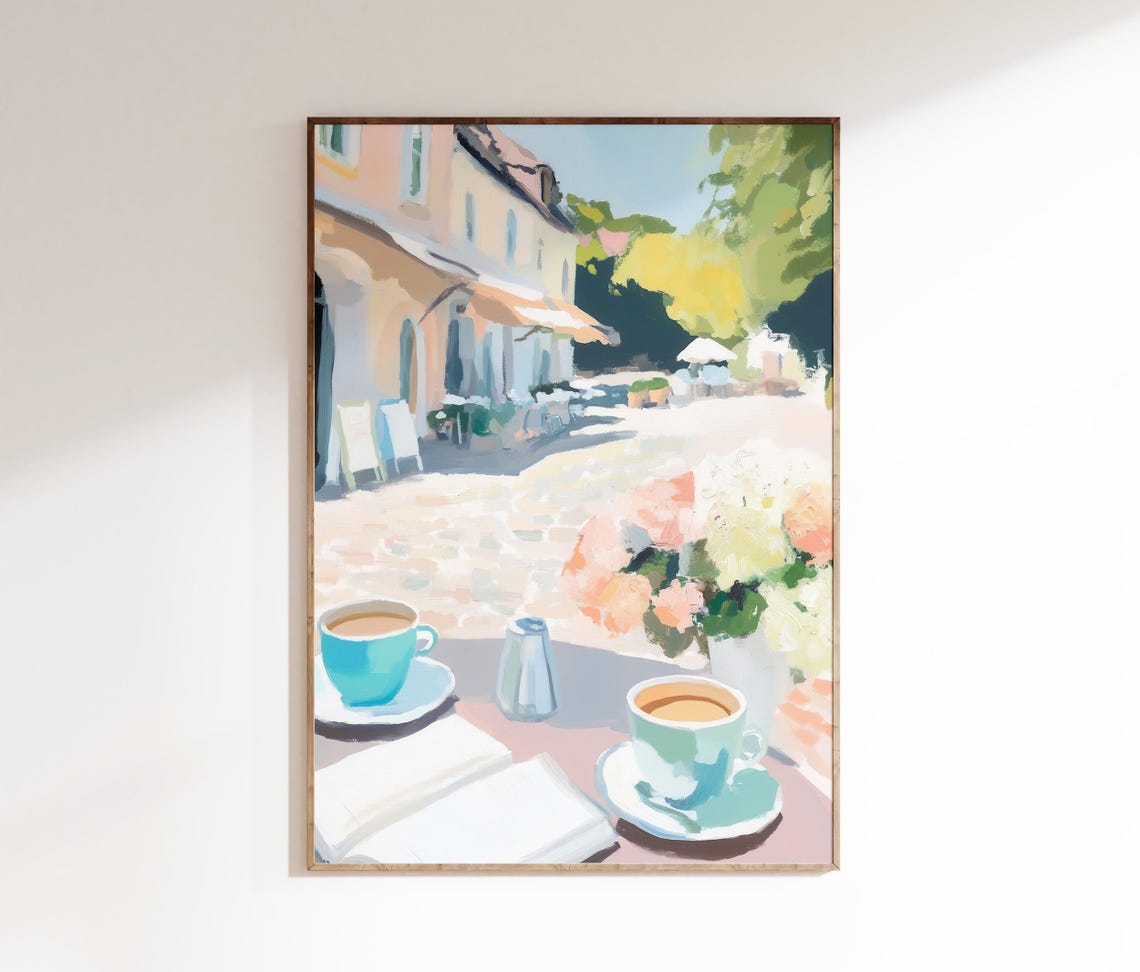 European Street Cafe Two Coffee Cups Cobblestone Sunshine Art Poster