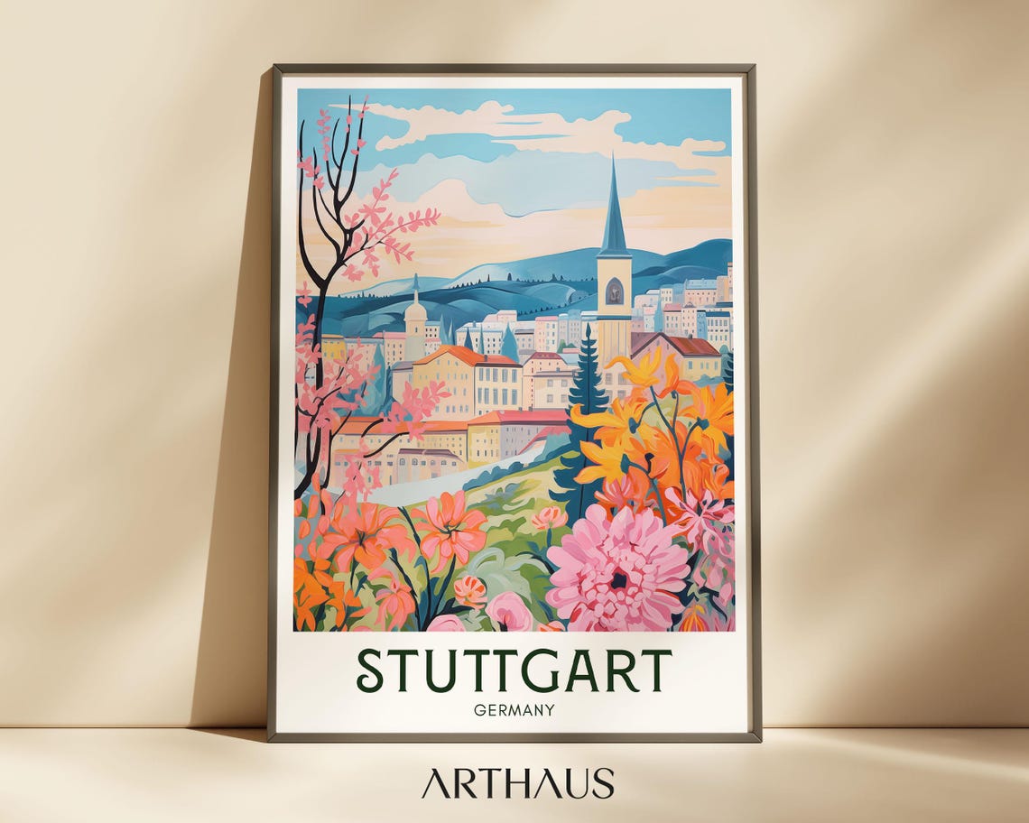 Stuttgart Germany Spring Cityscape with Blooming Flowers Travel Poster