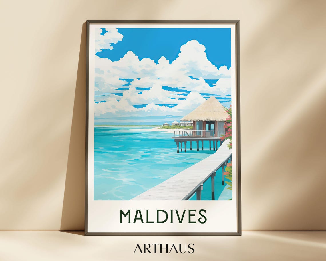 Maldives Overwater Villa and Wooden Jetty Turquoise Lagoon Poster
