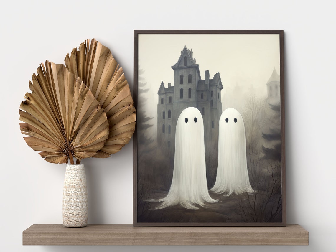 Cute White Ghosts Before A Misty Haunted House Halloween Art Print - Image 3