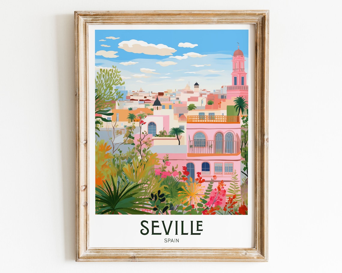 Seville Spain Pink Old Town Bell Tower Lush Flowers Travel Poster