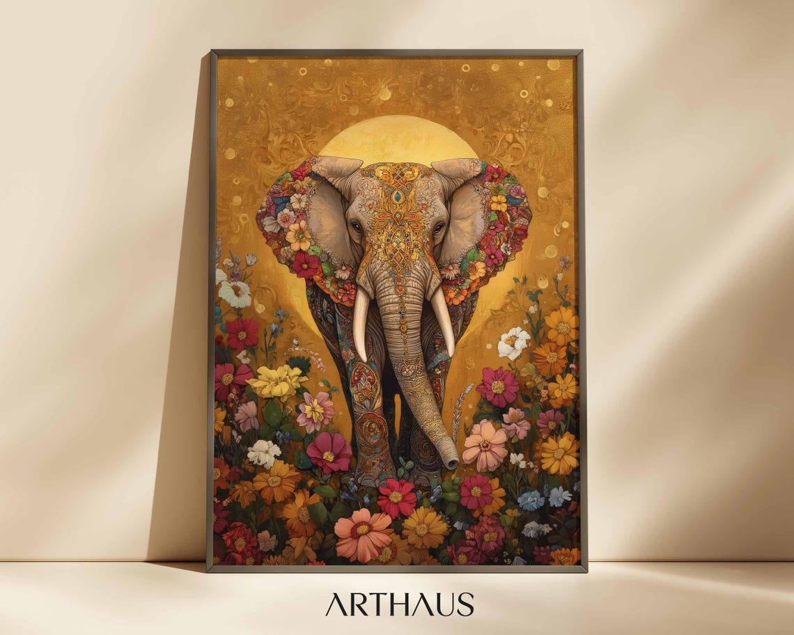 Decorated Indian Elephant Gold Background Floral Wildlife Poster