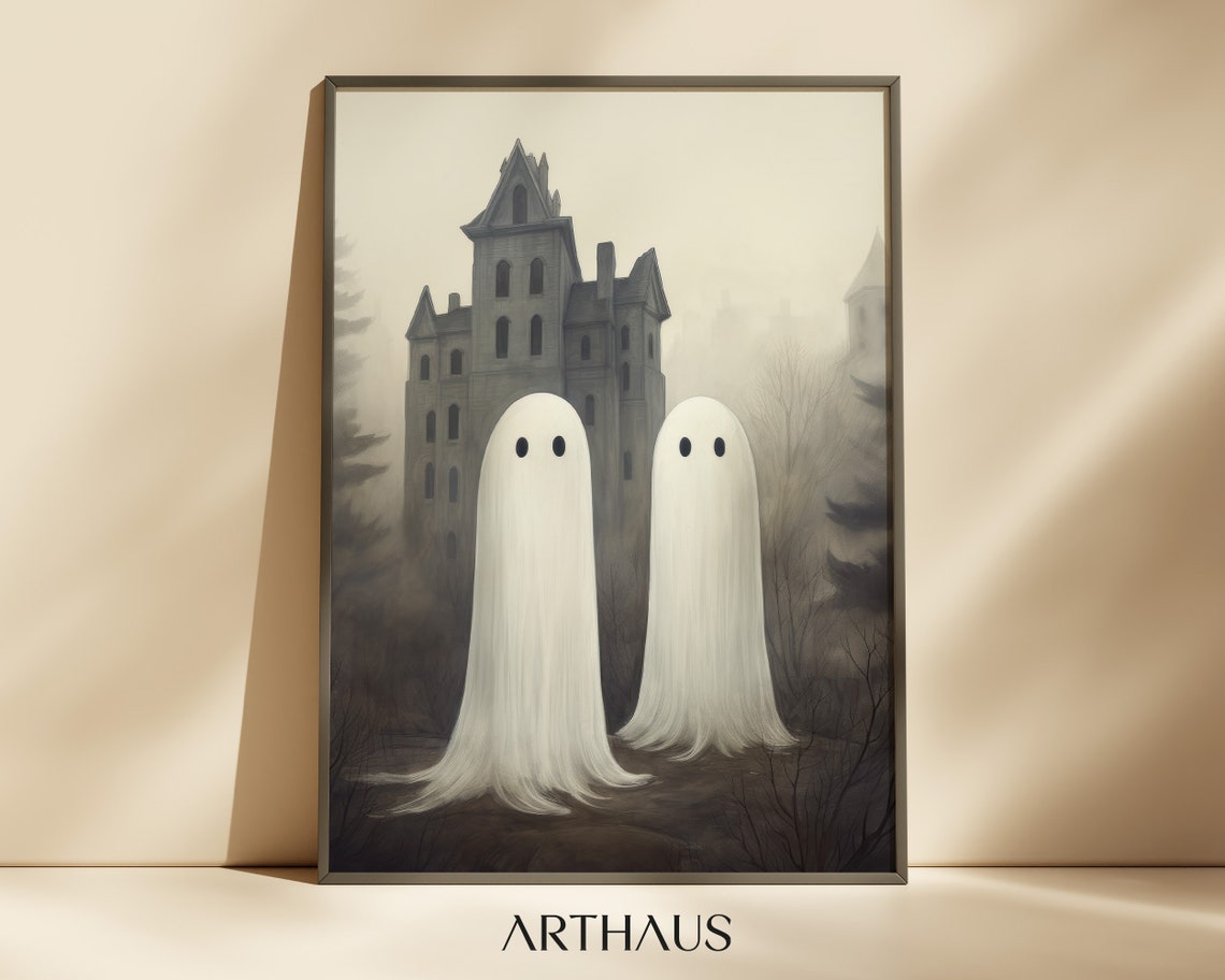 Cute White Ghosts Before A Misty Haunted House Halloween Art Print