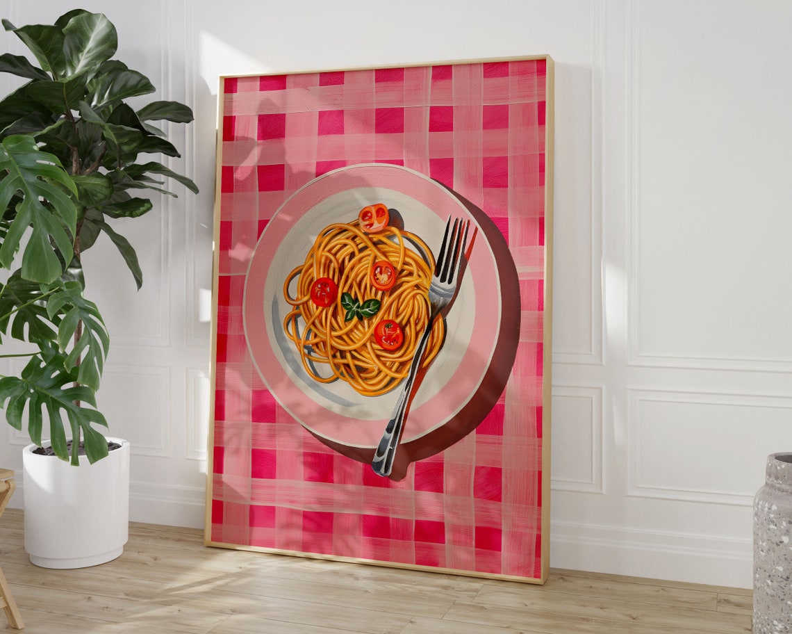 Spaghetti Pasta Plate on Pink Gingham Retro Kitchen Wall Art - Image 3