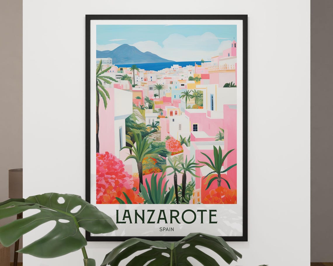 Lanzarote Spain Pink Village Hillside Ocean View Travel Poster - Image 2