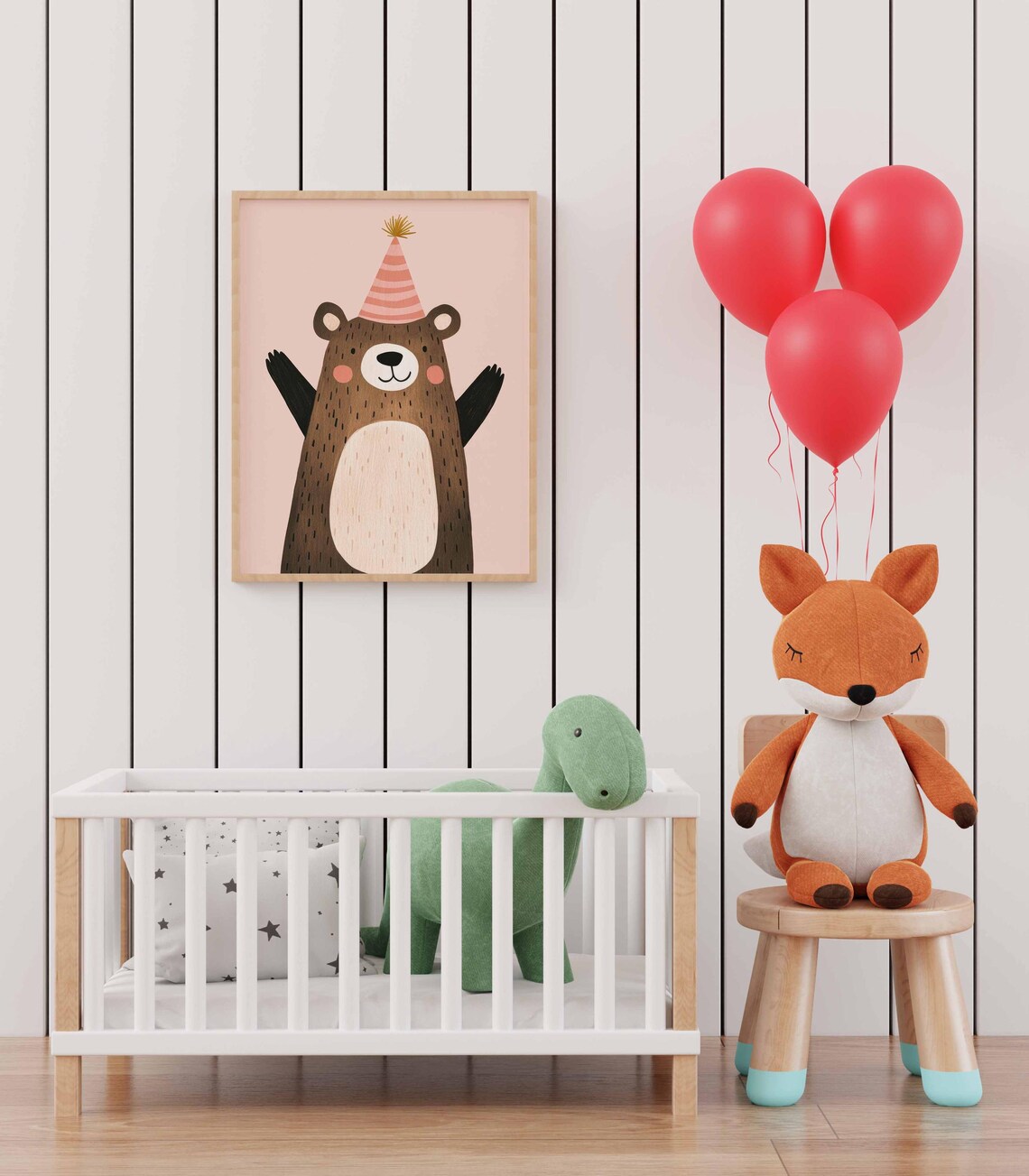 Nursery Birthday Bear Wall Art of Cute Animal in a Party Hat - Image 3