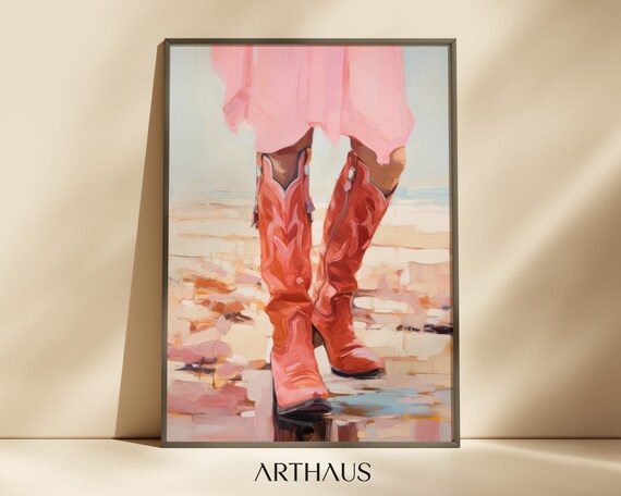 Coral Pink Cowboy Boots On The Beach Close Up Painting Poster