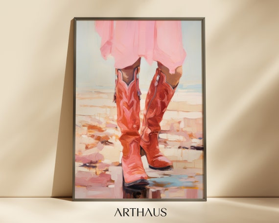 Cowgirl Boots Wall Art Coastal Pink Painting Poster Western Nursery Southern Girl Room Wall Art Boho Girly Decor