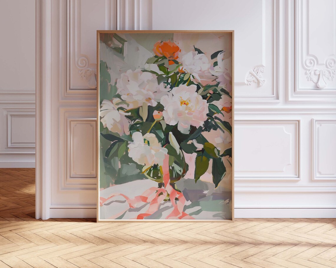 Pink Peony Bouquet in Vase Impressionist Floral Still Life Poster - Image 3