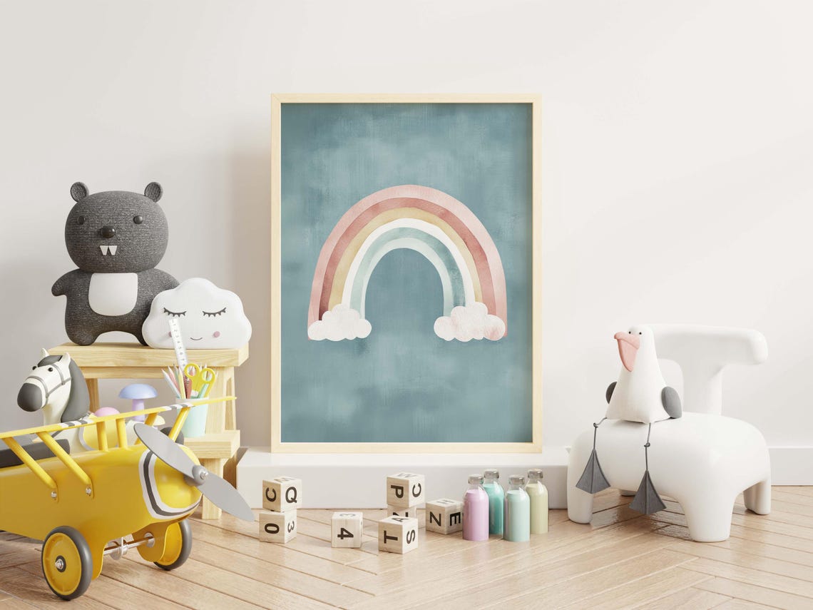 Pastel Rainbow With Clouds Dusty Blue Nursery Kids Room Wall Art - Image 3