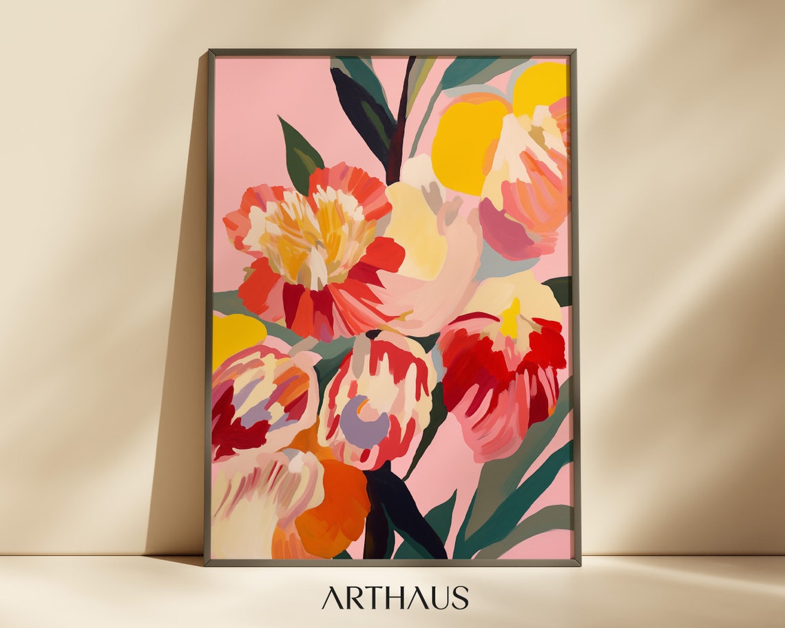 Bold Pink And Red Blossoms Floral Close Up Maximalist Art Print