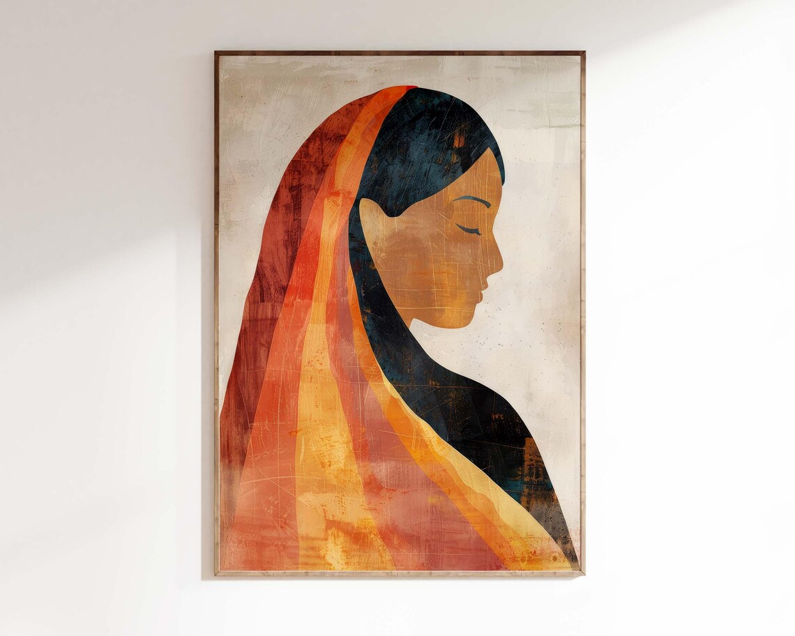 Indian Woman in Orange Sari Abstract Warm Portrait Art Poster - Image 3