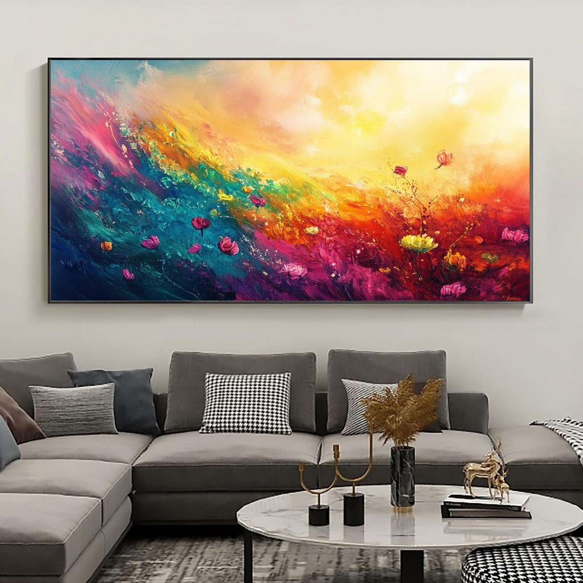 Rainbow Abstract Flower Meadow In Pink Teal And Gold Tones Poster - Image 5
