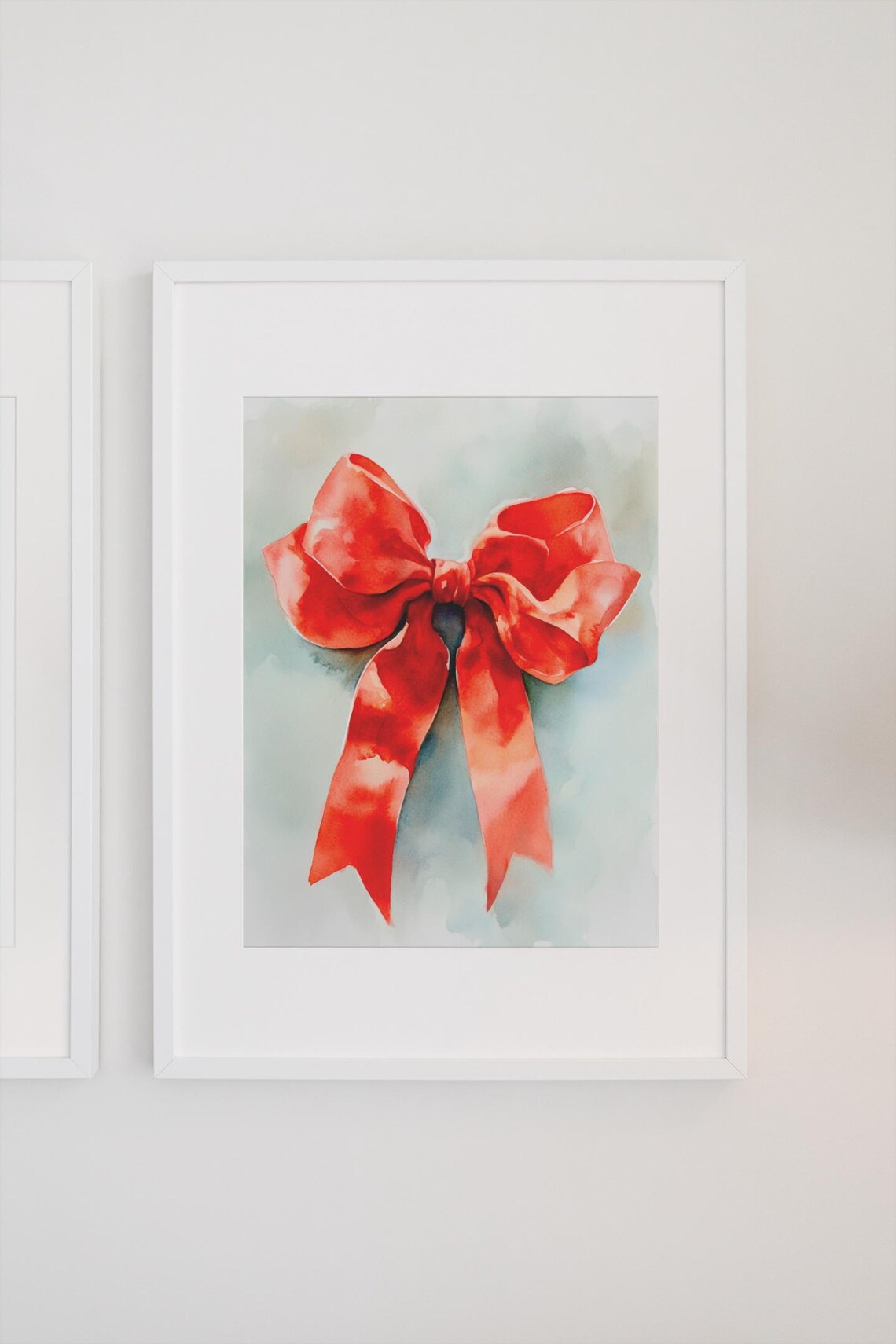 Coral Red Ribbon Bow On Blue Gray Watercolor Wash Holiday Poster