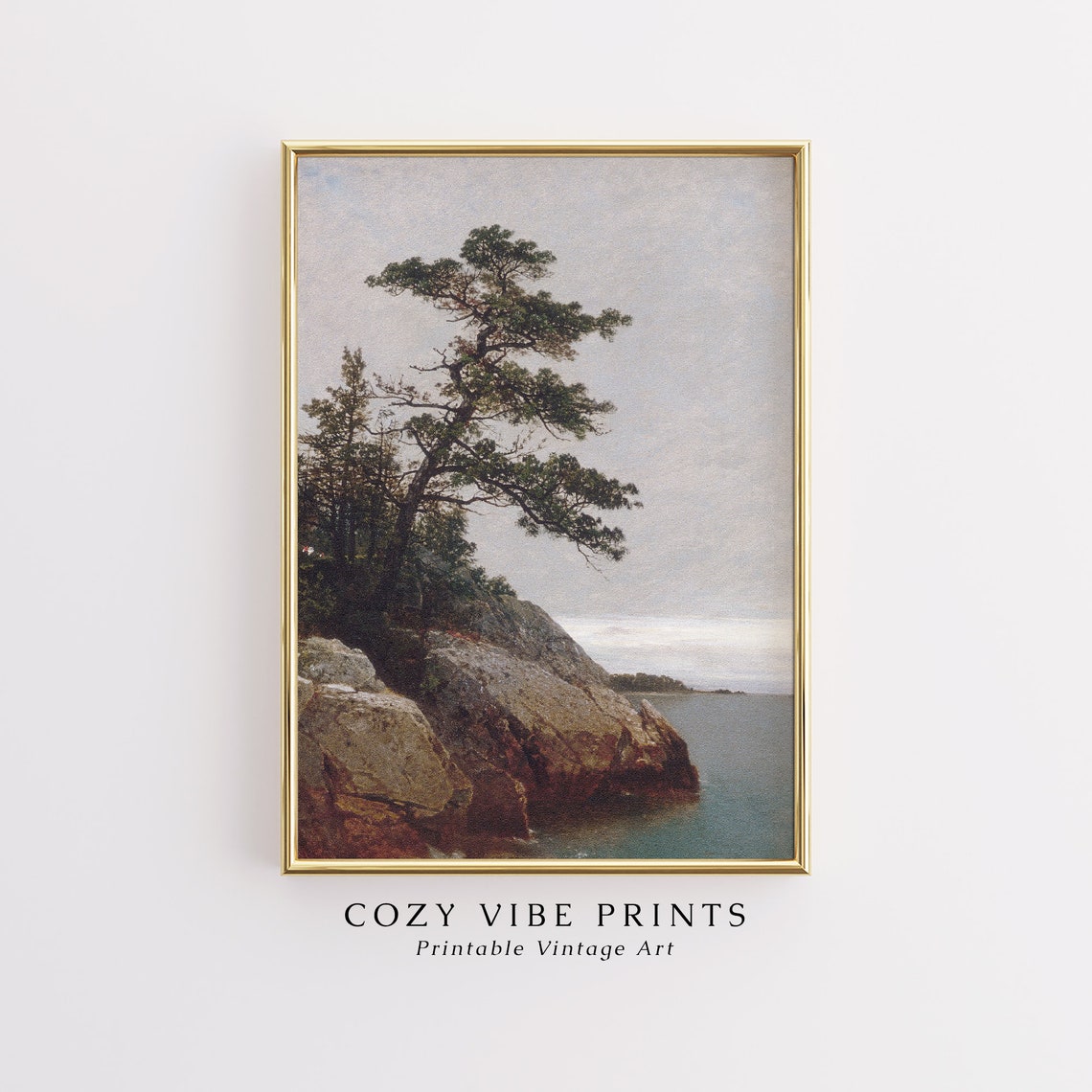 Vintage Lone Pine Tree Rocky Coast Antique Landscape Painting Poster - Image 2