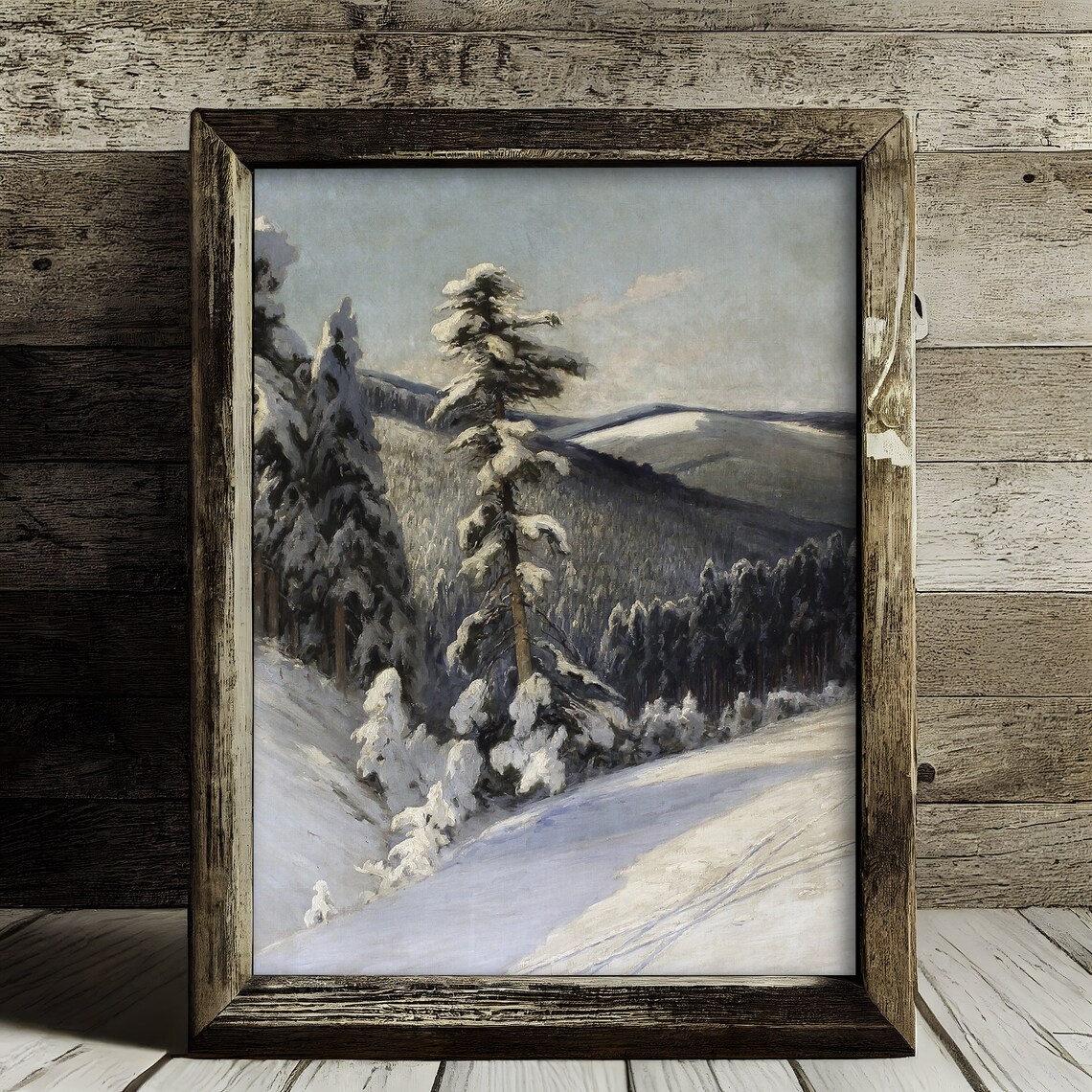 Vintage Snowy Winter Mountain Forest Spruce Trees Oil Painting Poster - Image 4