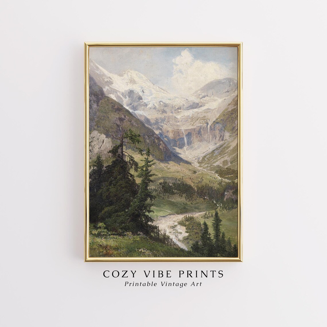 Alpine Mountain Glacier Valley Waterfall Vintage Summer Landscape Poster