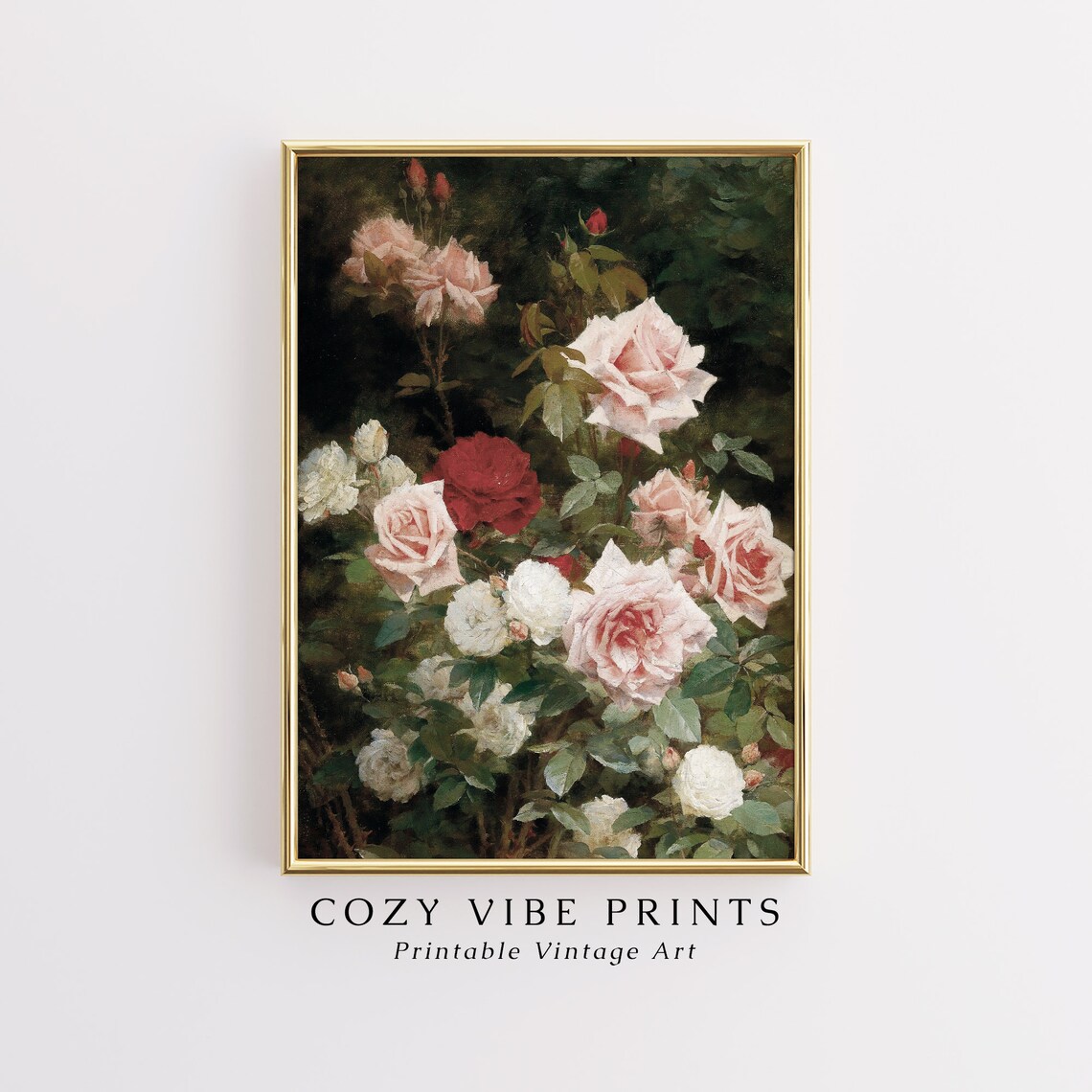Vintage Dark Floral Still Life Pink Roses Moody Oil Painting Poster