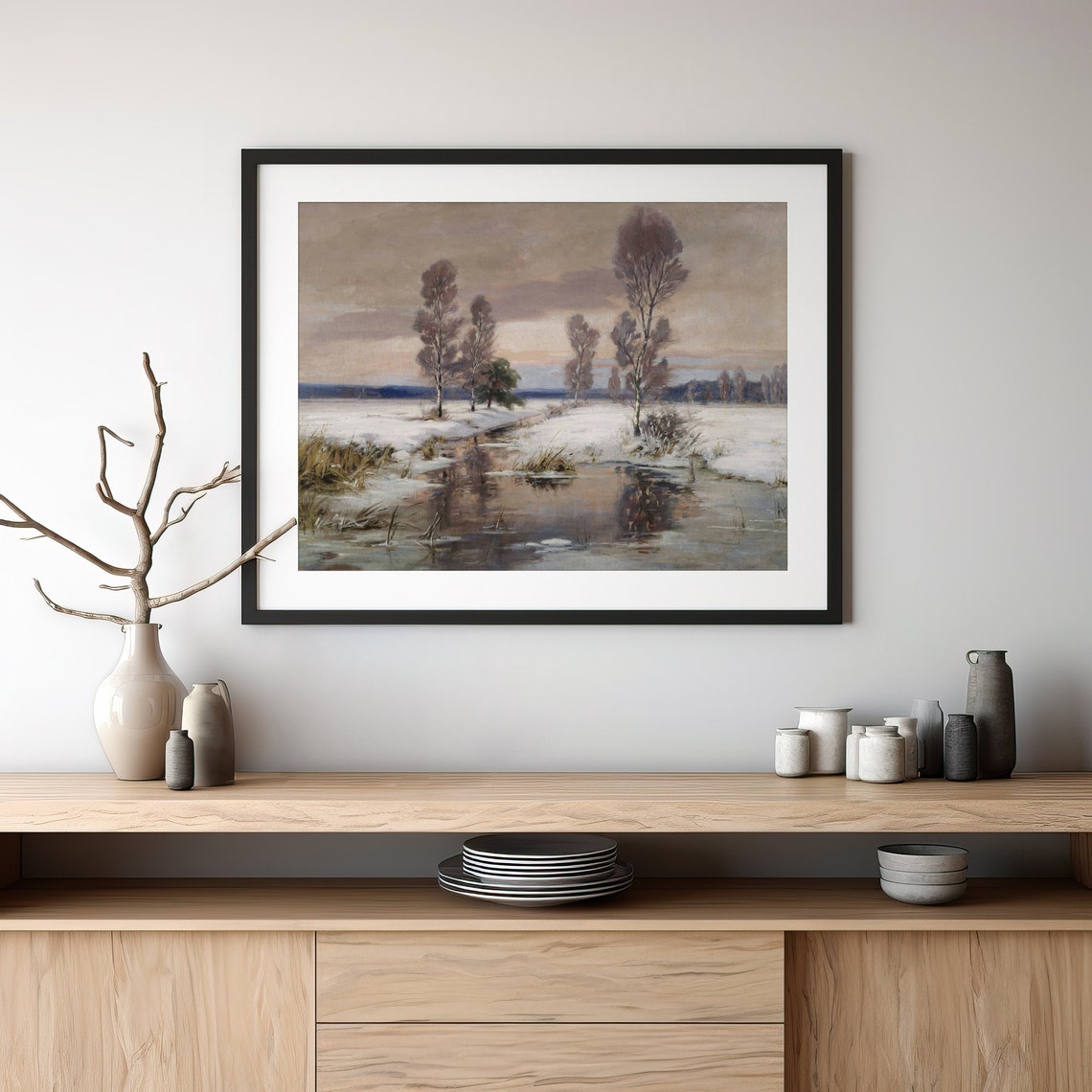 Vintage Winter Stream Snowy Landscape With Birch Trees At Dusk Poster - Image 4