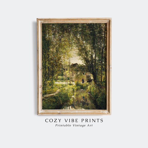 Vintage Summer Stream Through Sunlit Woods Cottage Painting Poster