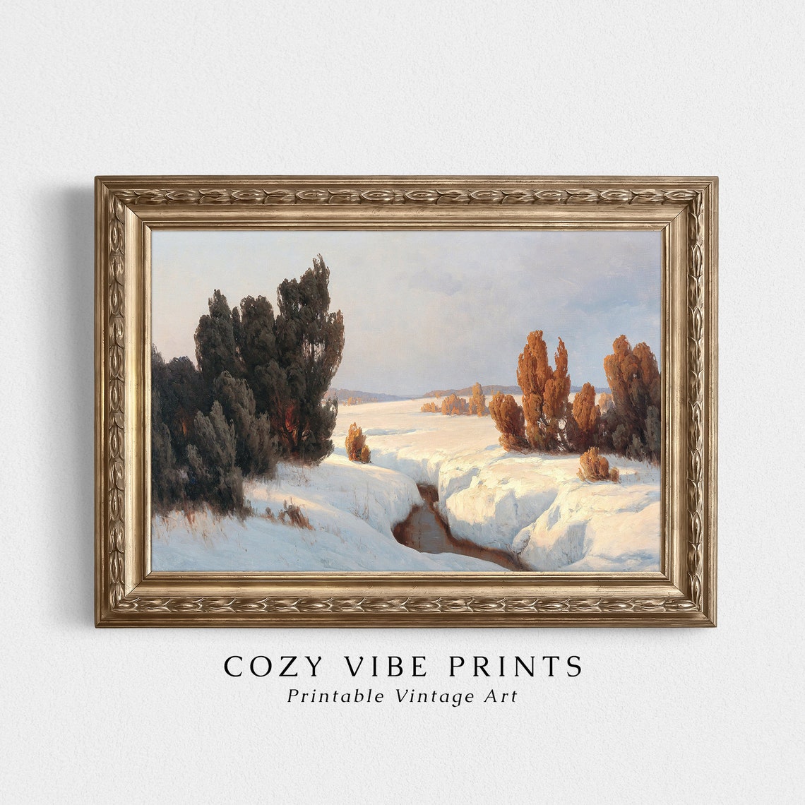 Vintage Snowy Brook At Sunset Golden Lit Winter Trees Landscape Poster - Image 3