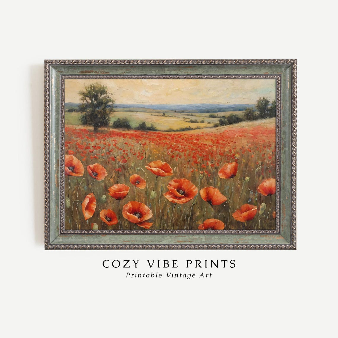 Poppy Field Print Floral Red Flowers Landscape Oil Painting Vintage Wall Art Cozy French Farmhouse Decor