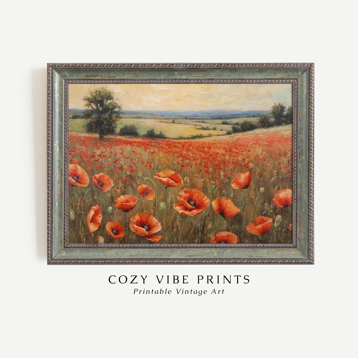 Red Poppy Field Wildflower Oil Painting Vintage Landscape Poster