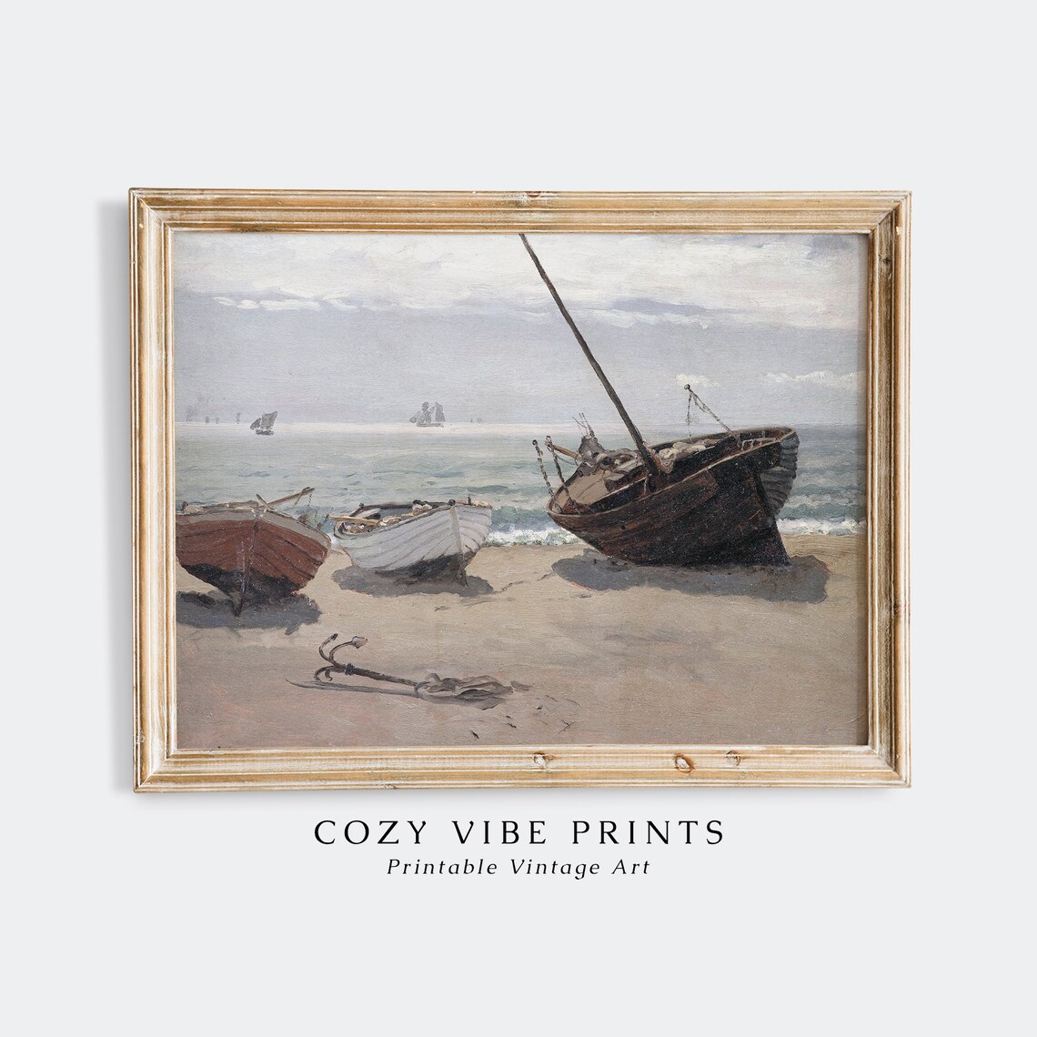 Vintage Fishing Boats Beached On Sand Nautical Oil Painting Poster