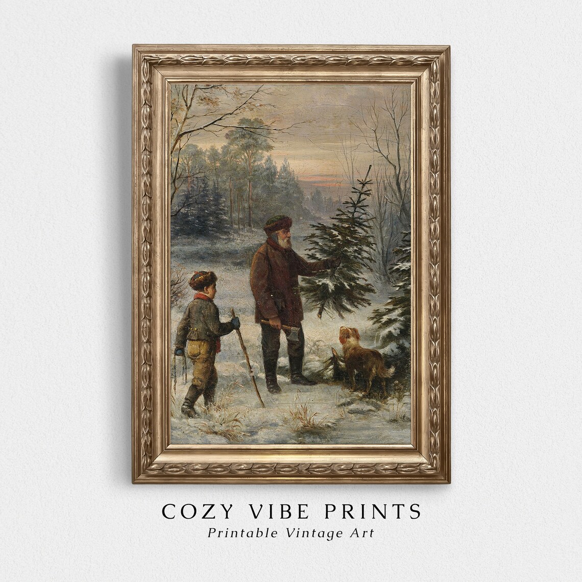 Family Bringing Home the Christmas Tree Vintage Winter Painting Poster - Image 2