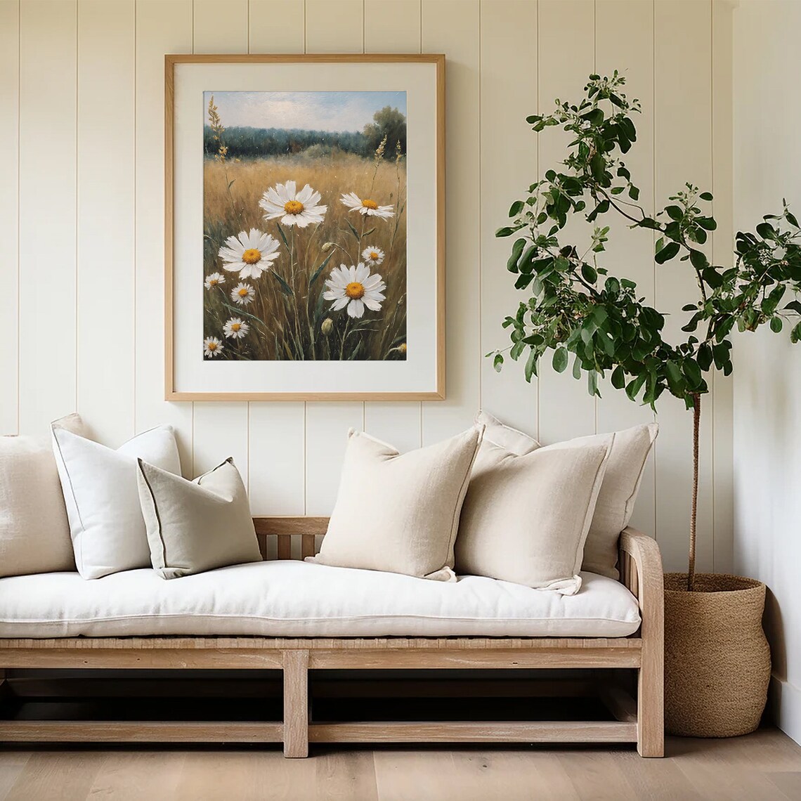 White Daisies in Golden Wheat Field Vintage Floral Landscape Poster - Image 3