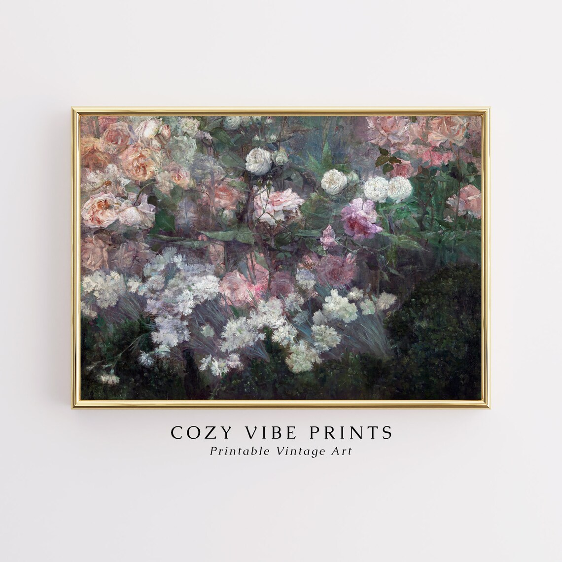 Vintage Rose Garden Impressionist Oil Painting Lush Floral Poster