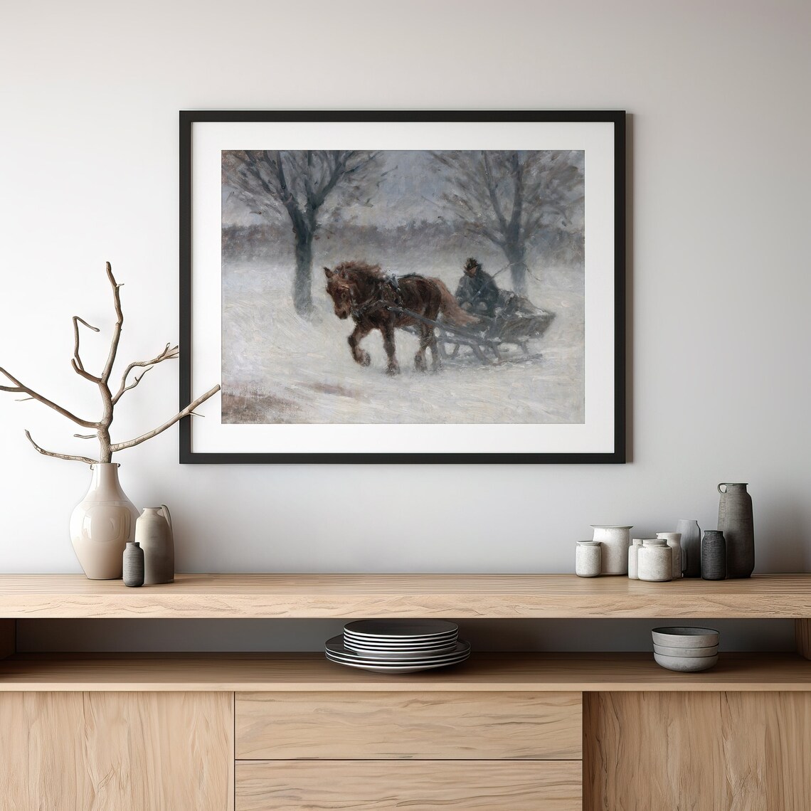 Vintage Horse Drawn Sleigh In Snowstorm Winter Scene Oil Poster - Image 3