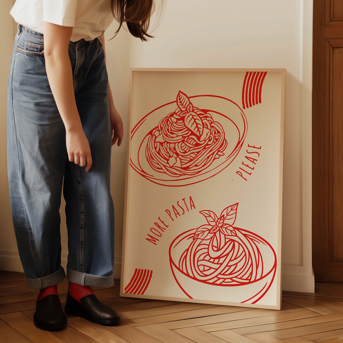 More Pasta Please Red Line Art Spaghetti Plates Modern Kitchen Poster - Image 4