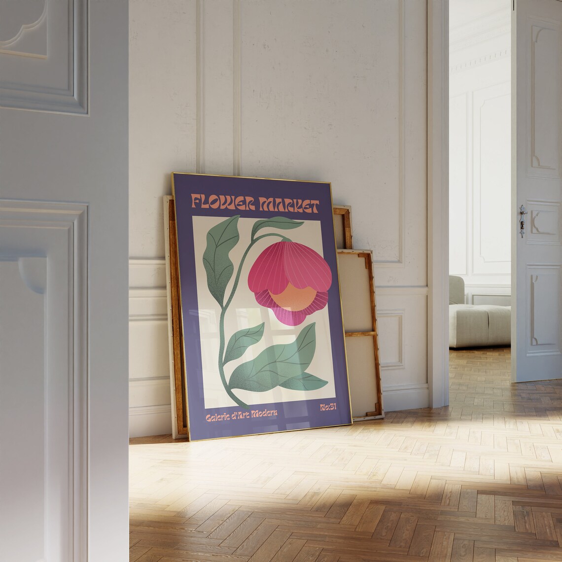 Flower Market No 31 Pink Lantern Bloom Navy Retro Floral Poster - Image 2