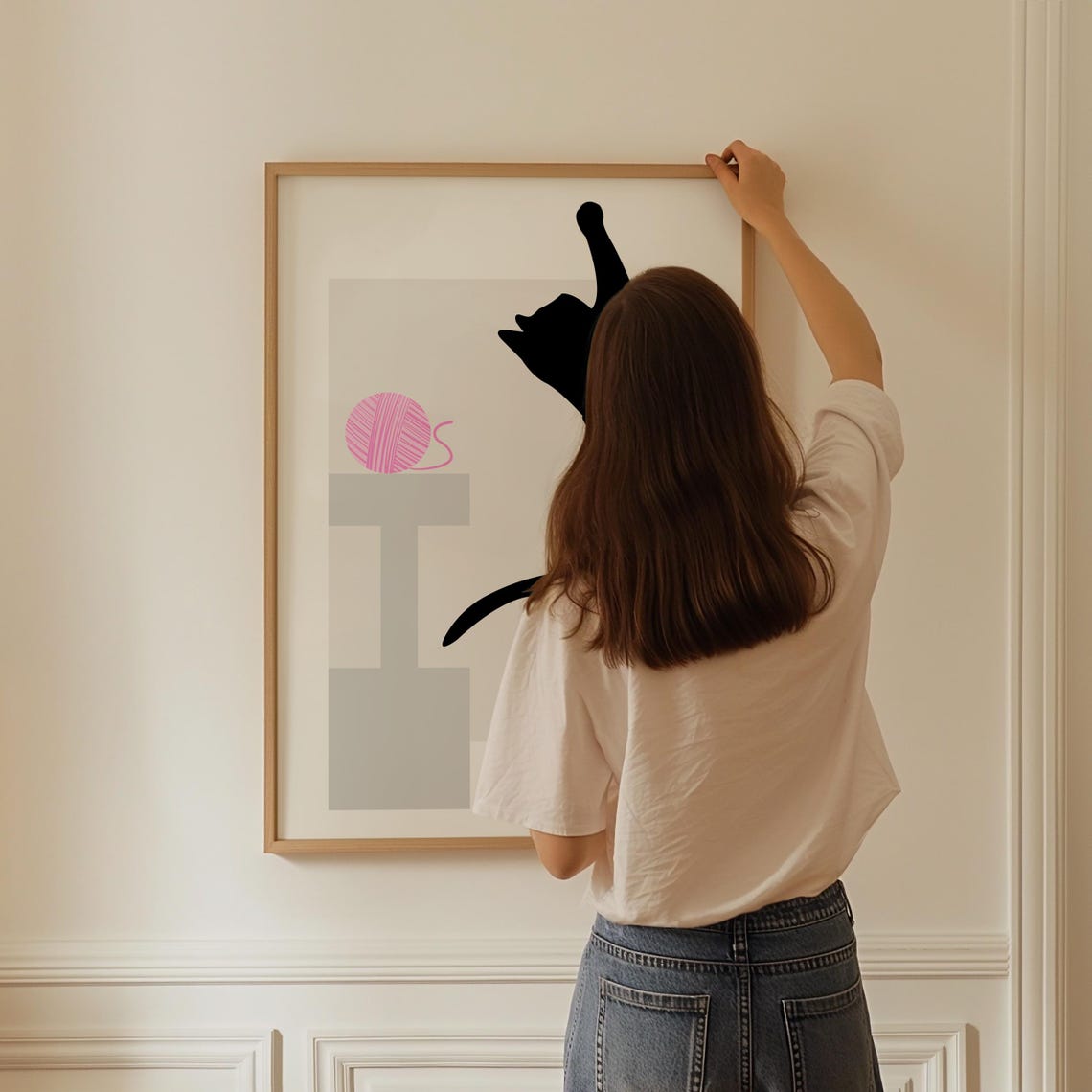Black Cat Stretching Tall for Pink Yarn Ball Minimalist Poster - Image 3
