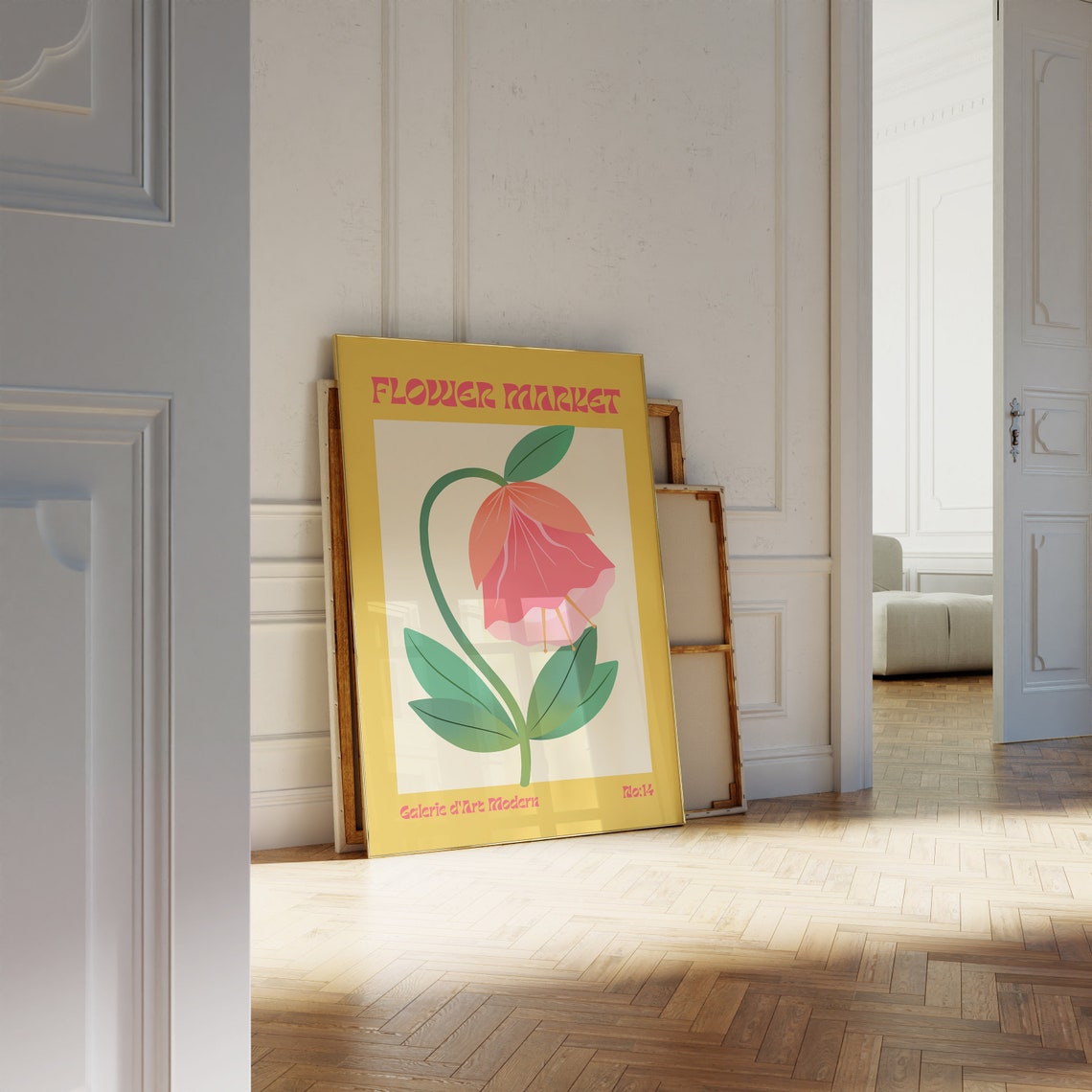 Flower Market No 14 Pink Bell Flower Mustard Retro Art Poster - Image 2