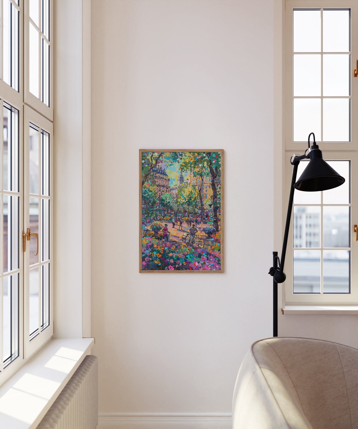 Paris Flower Market Square Mosaic Painting with Cyclists Art Poster - Image 3