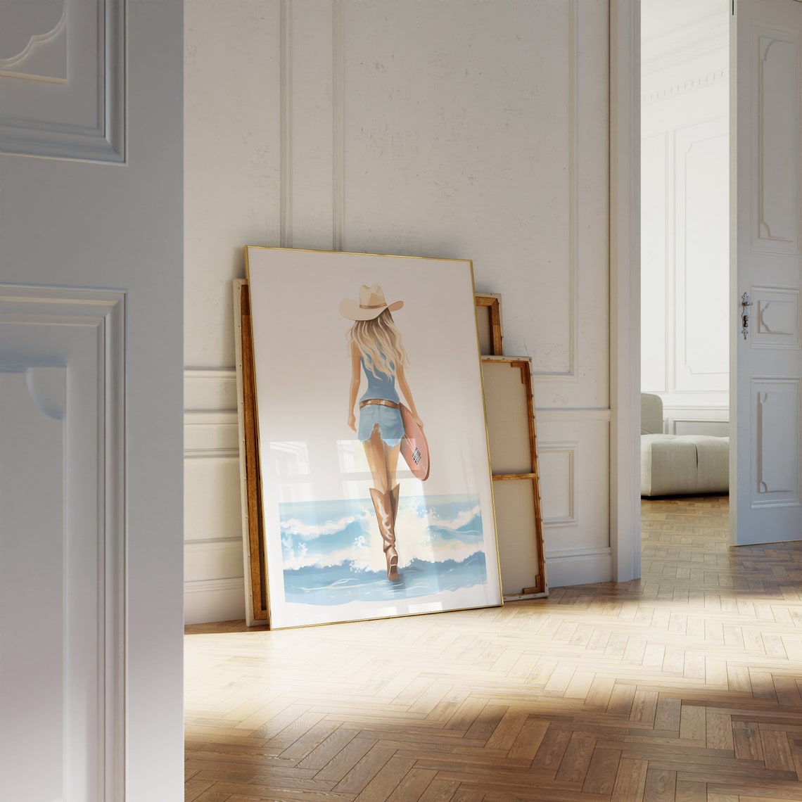 Cowgirl Surfer Girl With Surfboard Walking Into Ocean Waves Poster - Image 3