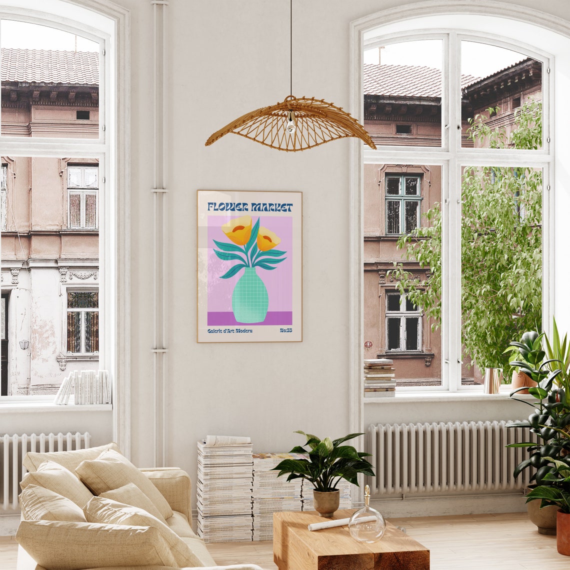 Flower Market No 33 Yellow Blooms Mint Vase Purple Retro Poster - Image 4