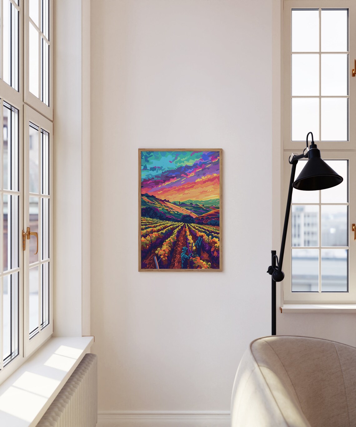 Vineyard Sunrise Harvesters Rainbow Sky Rows Colorful Poster - Image 4